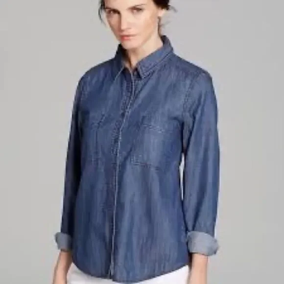 Eileen Fisher Denim Long Sleeve Button Down Shirt - Picture 2 of 8